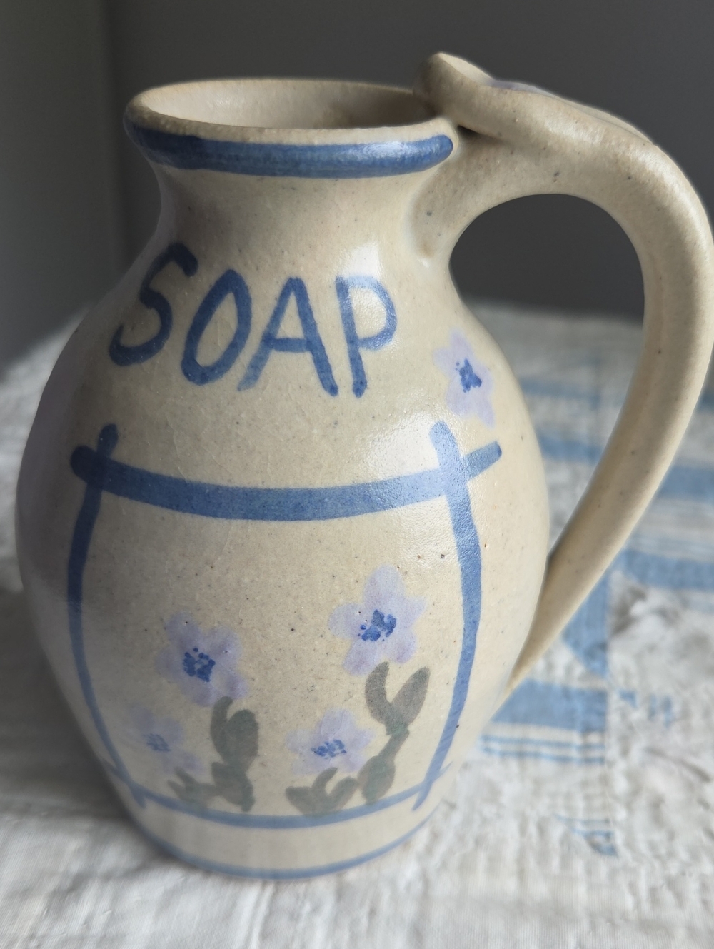 Hand-Painted Floral Soap Pitcher, Beige & Blue